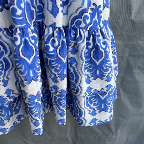 ENTRO Blue White Mini Dress Tiered Spring Easter Short Sleeve Sz M Vacation - Picture 4 of 6